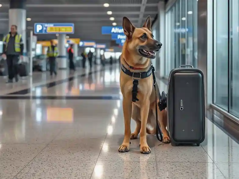 Drug sniffer dog close to some luggage at the aiport | JustBob